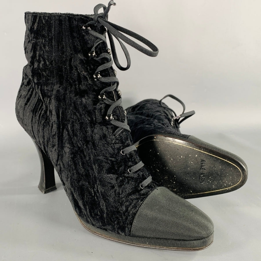 VTG Anne Klein Couture Black Velvet Lace-Up Ankle Boots 7.5